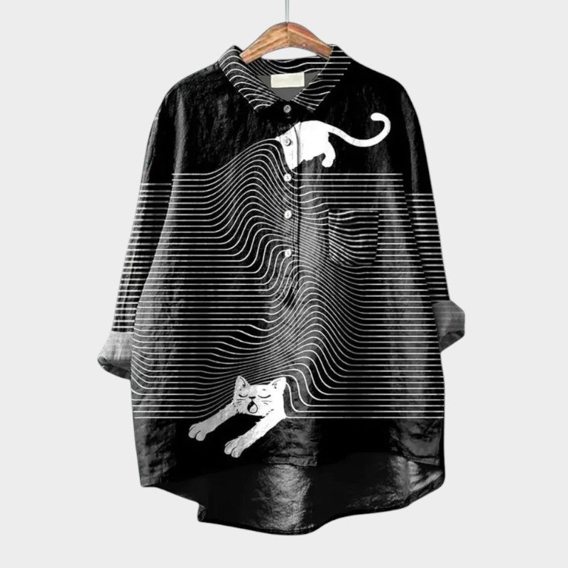 Jędrzejka - Stylowa bluzka w kwiaty z nadrukiem kocich prążków dla kobiet