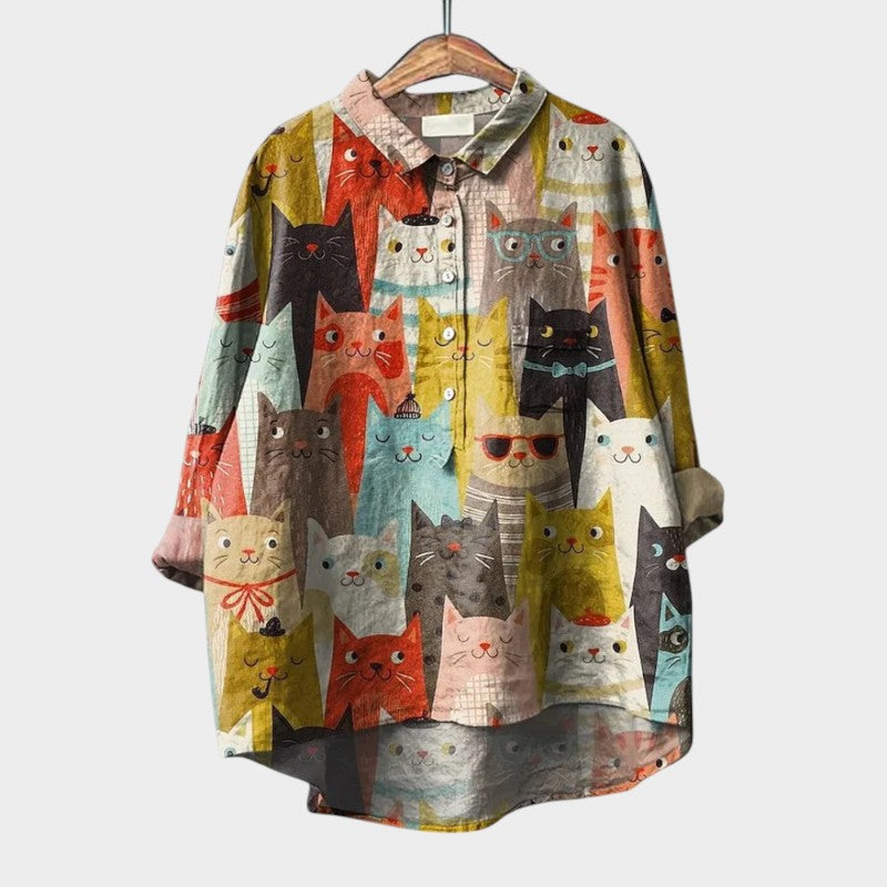 Joanna - Modna bluzka w kwiaty z nadrukiem kota dla kobiet