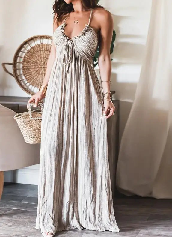 Olesia - Damska modna sukienka maxi na ramiączkach z dekoltem w kształcie V i wysokim stanem