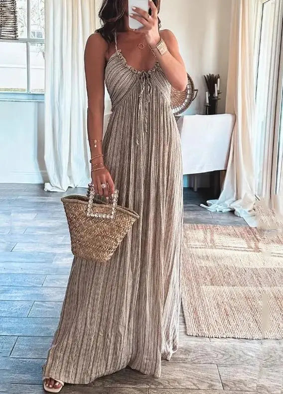 Olesia - Damska modna sukienka maxi na ramiączkach z dekoltem w kształcie V i wysokim stanem