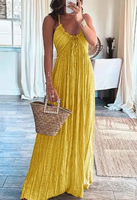 Olesia - Damska modna sukienka maxi na ramiączkach z dekoltem w kształcie V i wysokim stanem