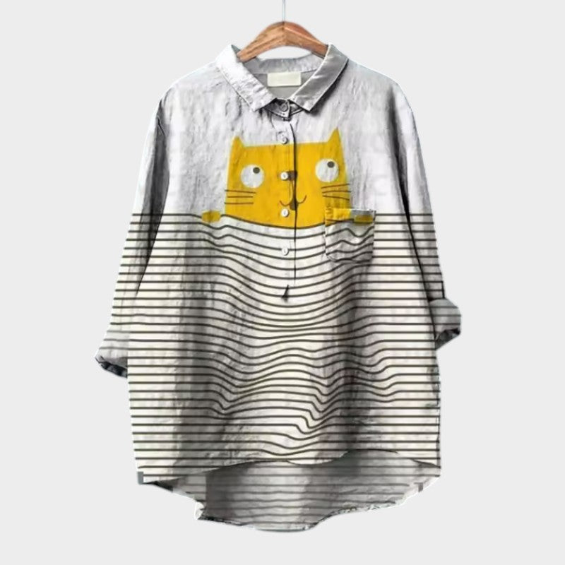 Jutrza - Wygodna bluzka damska z żółtym kotem i paskami