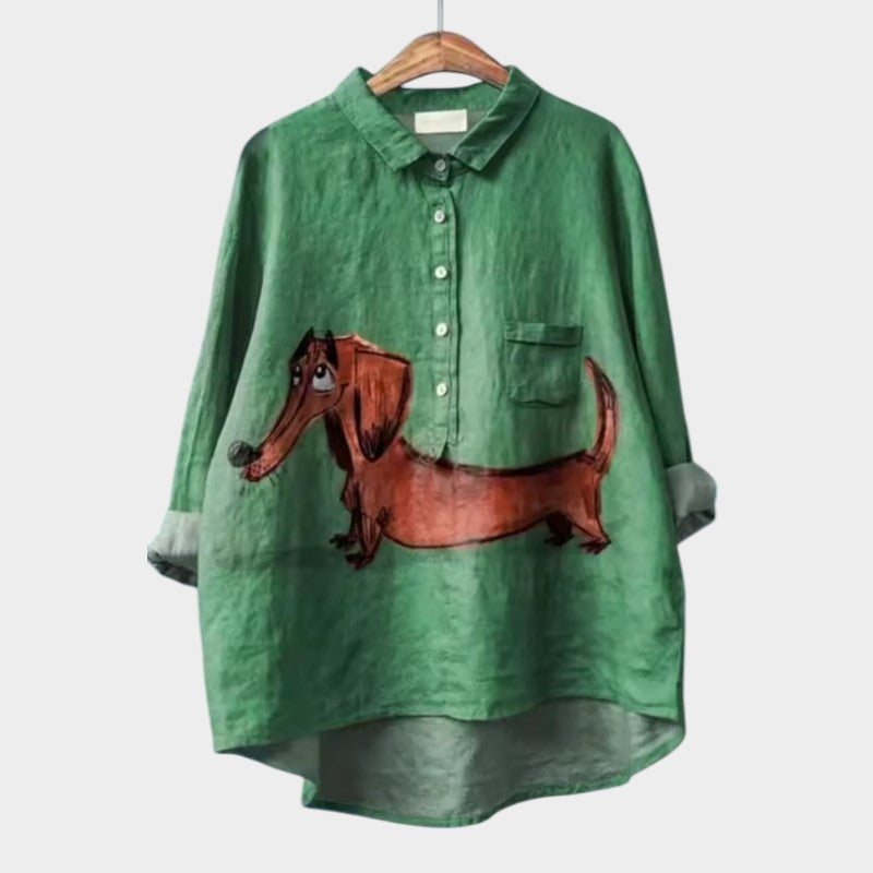 Jolanta - Stylowa bluzka w kwiaty z nadrukiem psa dla kobiet