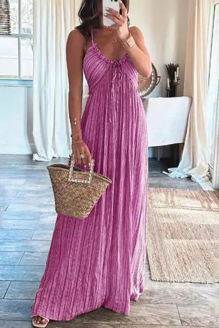 Olesia - Damska modna sukienka maxi na ramiączkach z dekoltem w kształcie V i wysokim stanem