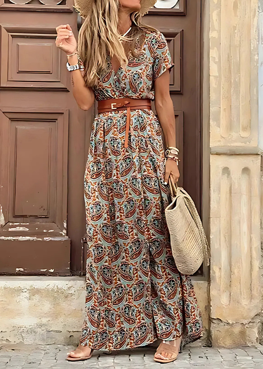Długa Sukienka Boho z Plisowanym Pasem
