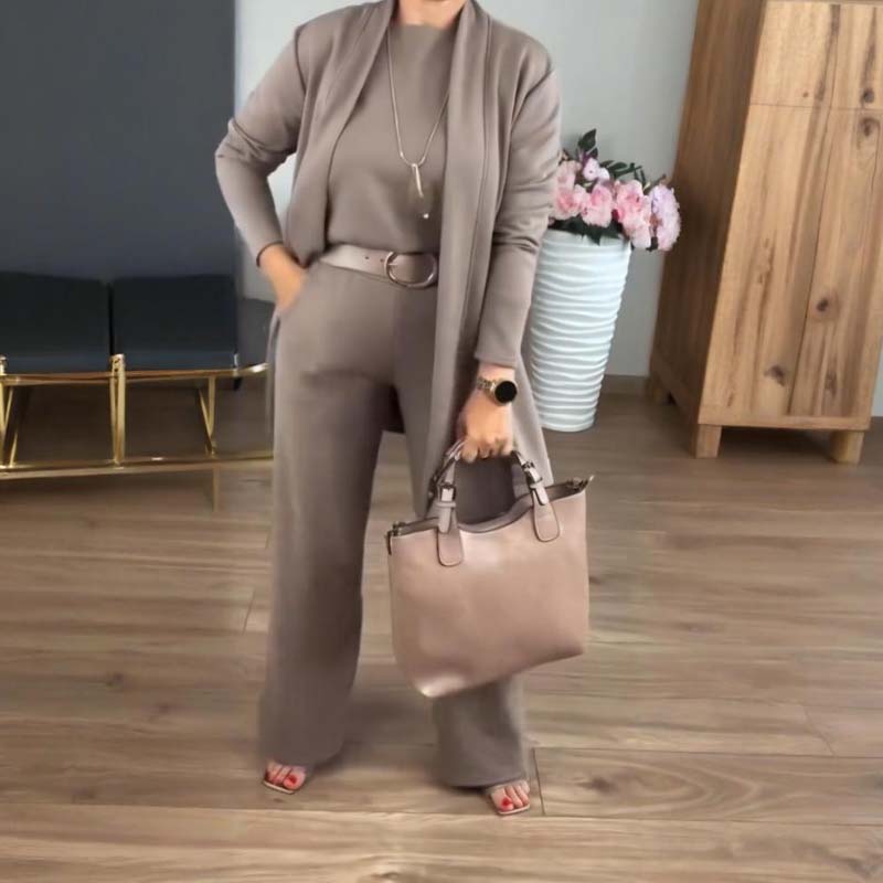 💥Offerta speciale: 50% di sconto-Elegante cardigan lungo, top e pantaloni, set di 3 pezzi